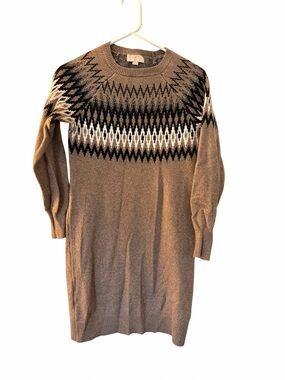 LOFT Fair Isle Sweater Dress Brown Petite XS Cozy Knit